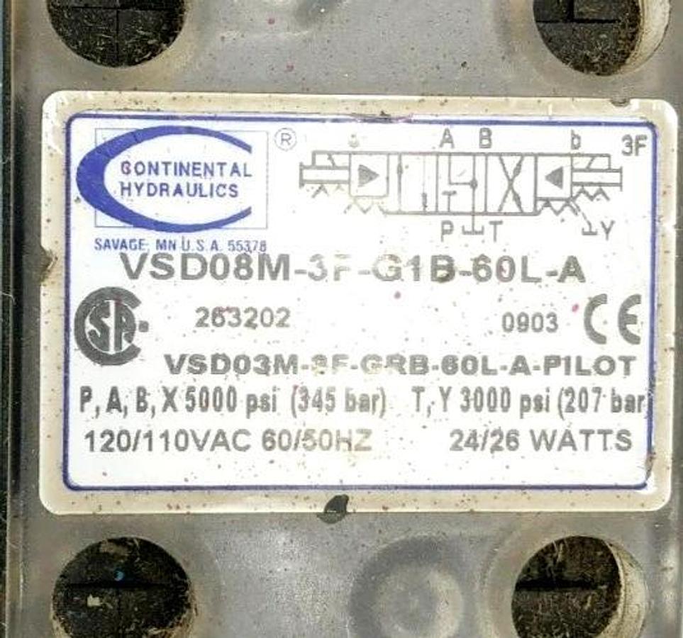 Used Continental Hydraulics VSD08M-3F-G1B-60L-A Directional Valve 120/110VAC 3000psi