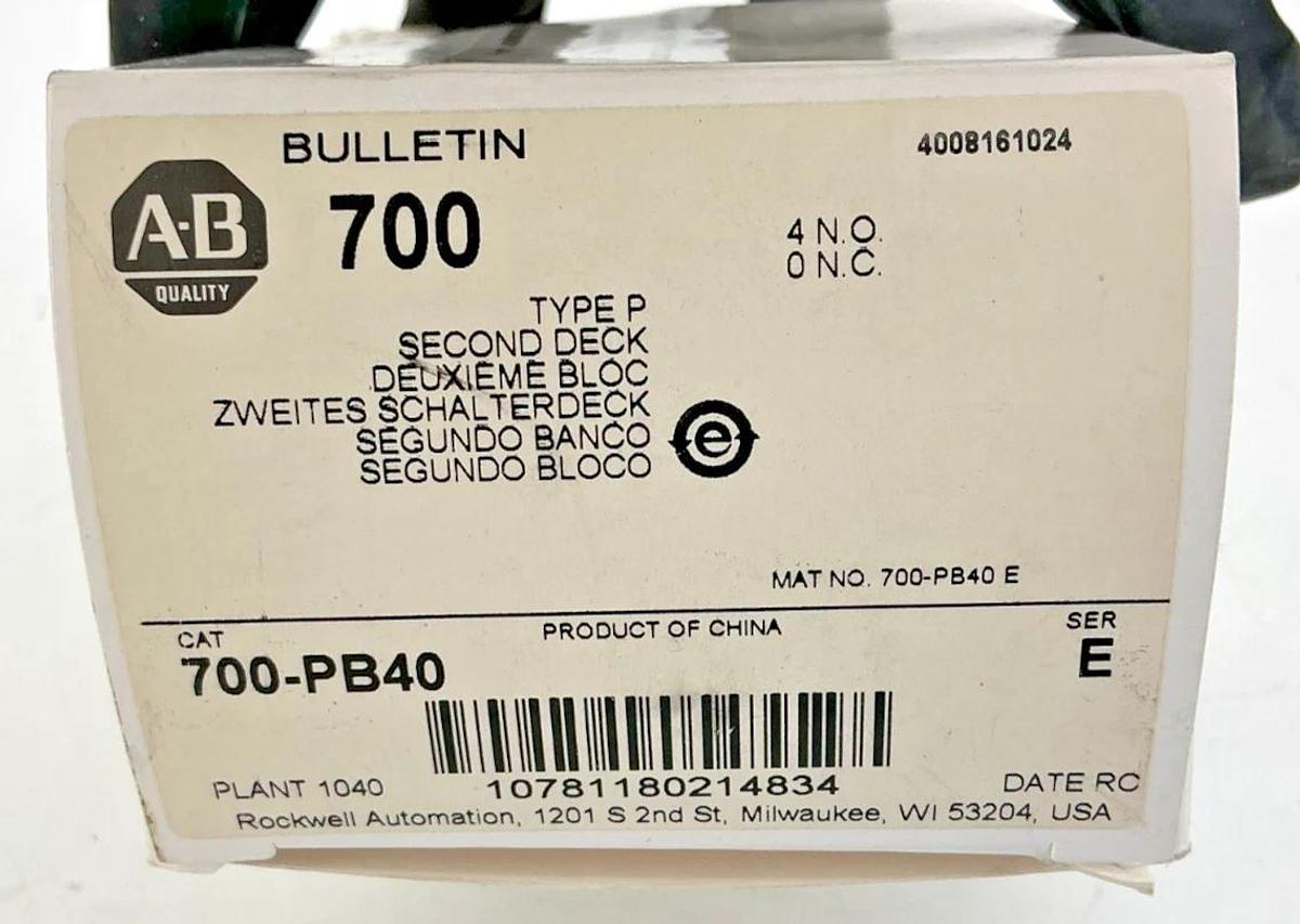 New Allen Bradley 700-PB40 Ser E Relay Second Deck Type P 4-Pole 4NO 10A 700PB40