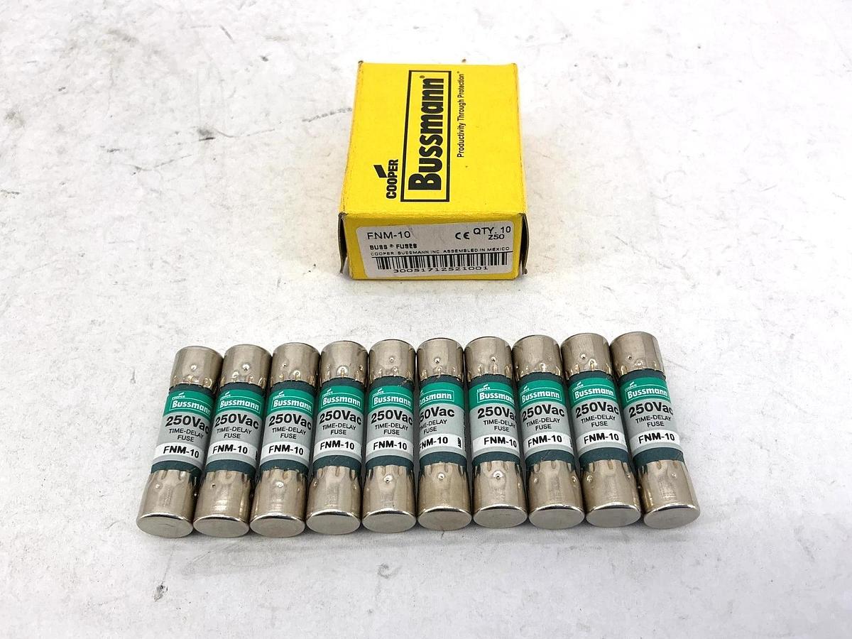 New Bussmann FNM-10 250Vac Time-Delay Fuse 10A 250V Box of 10