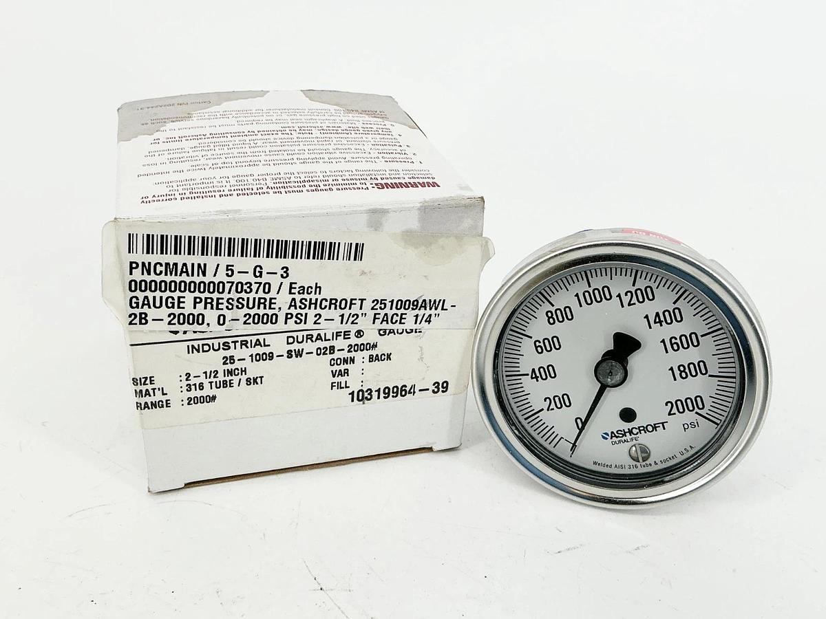 New Ashcroft 25-1009-SW-02B-2000# Pressure Gauge 0-2000PSI 2.5" Face 1/4" NPT