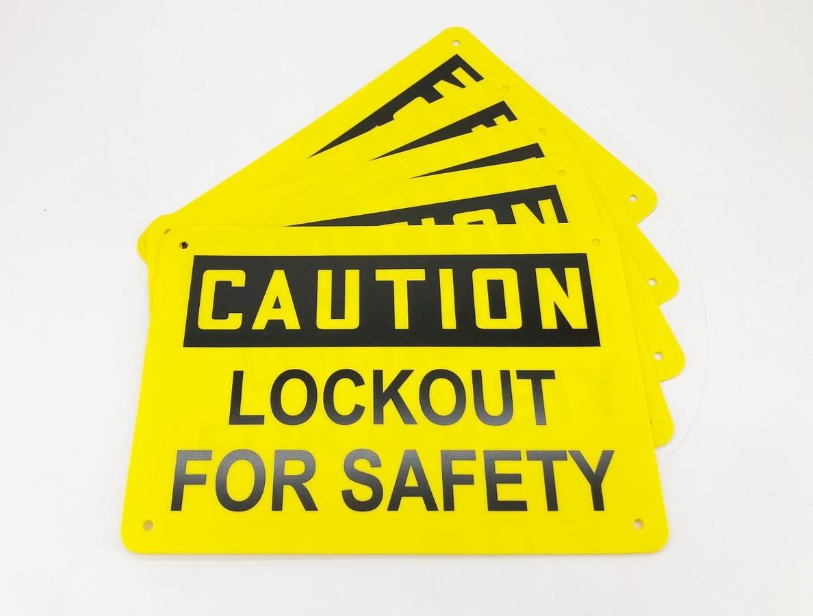 Lot of 5 New Caution Lockout For Safety Signs 7" x 10" Plastic - No Box