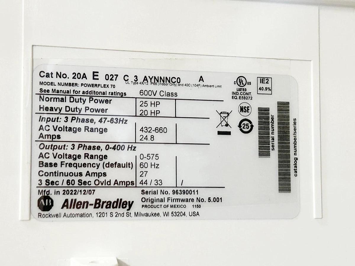 New Allen Bradley 20AE027C3AYNNNC0 AC Drive Powerflex 70 3Ph 600V 27A 25HP