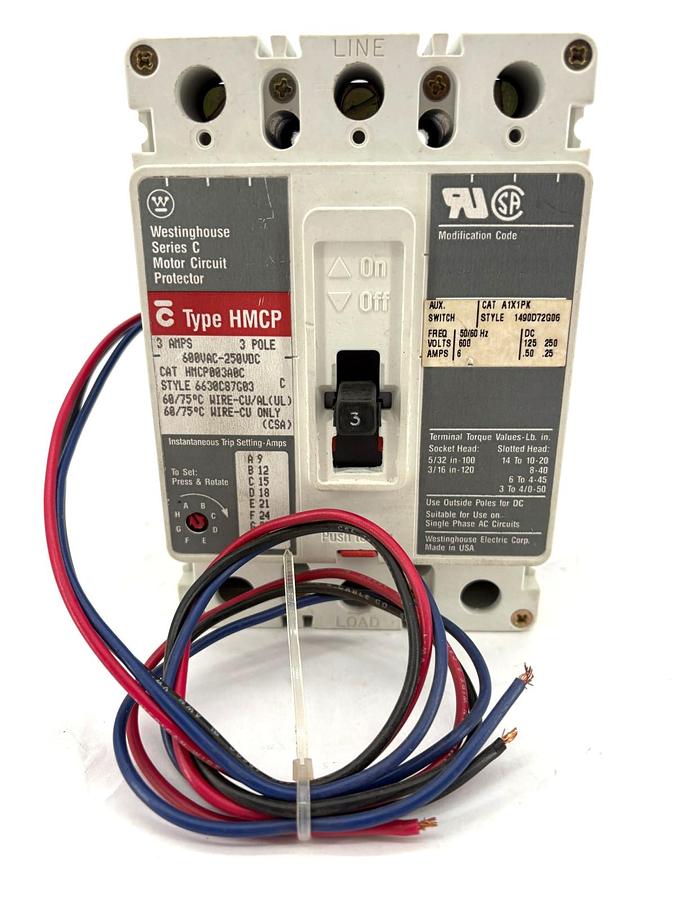 Used Westinghouse HMCP003A0C 3A Circuit Breaker w/ A1X1PK Aux. Switch 3P 600VAC 250VD