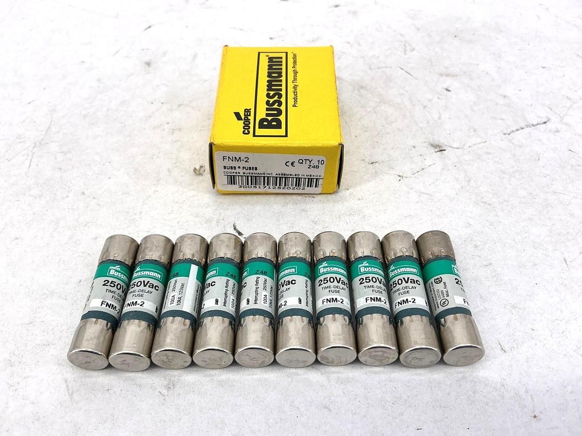 New Bussmann FNM-2 250Vac Time-Delay Fuse 2A 250V Box of 10