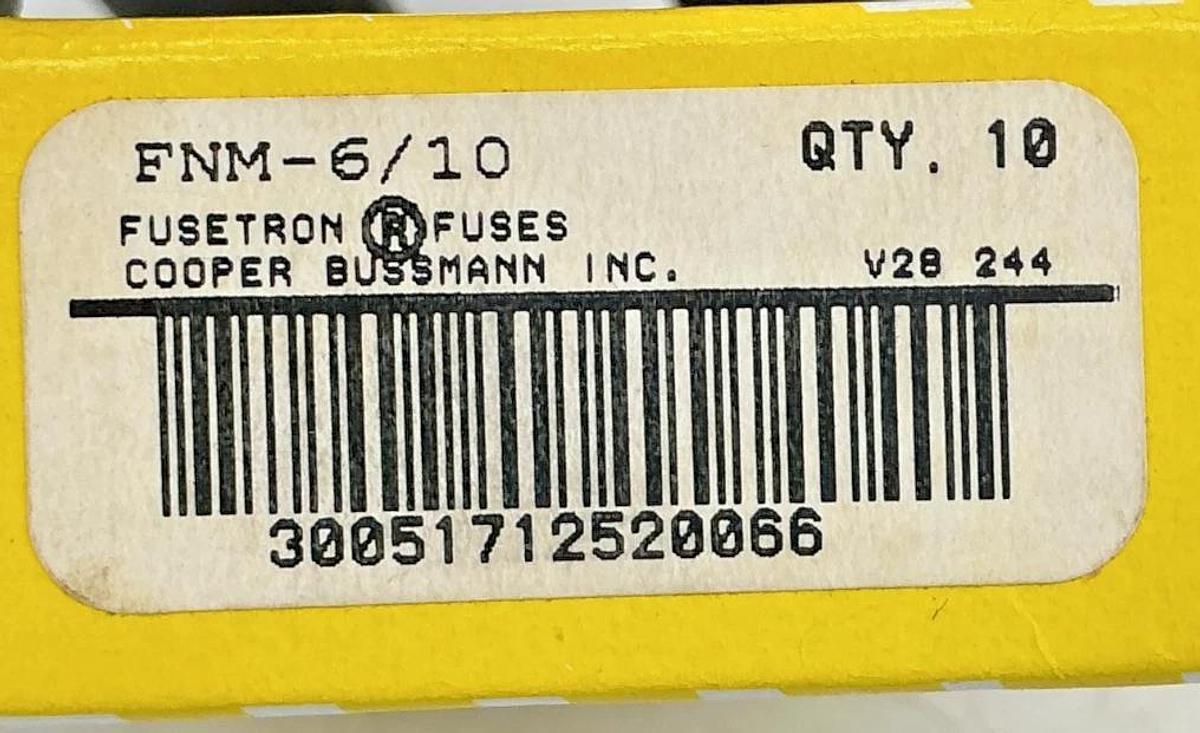 New Bussmann FNM-6/10 Fusetron 250Vac Fuse 6/10A 250V Box of 10
