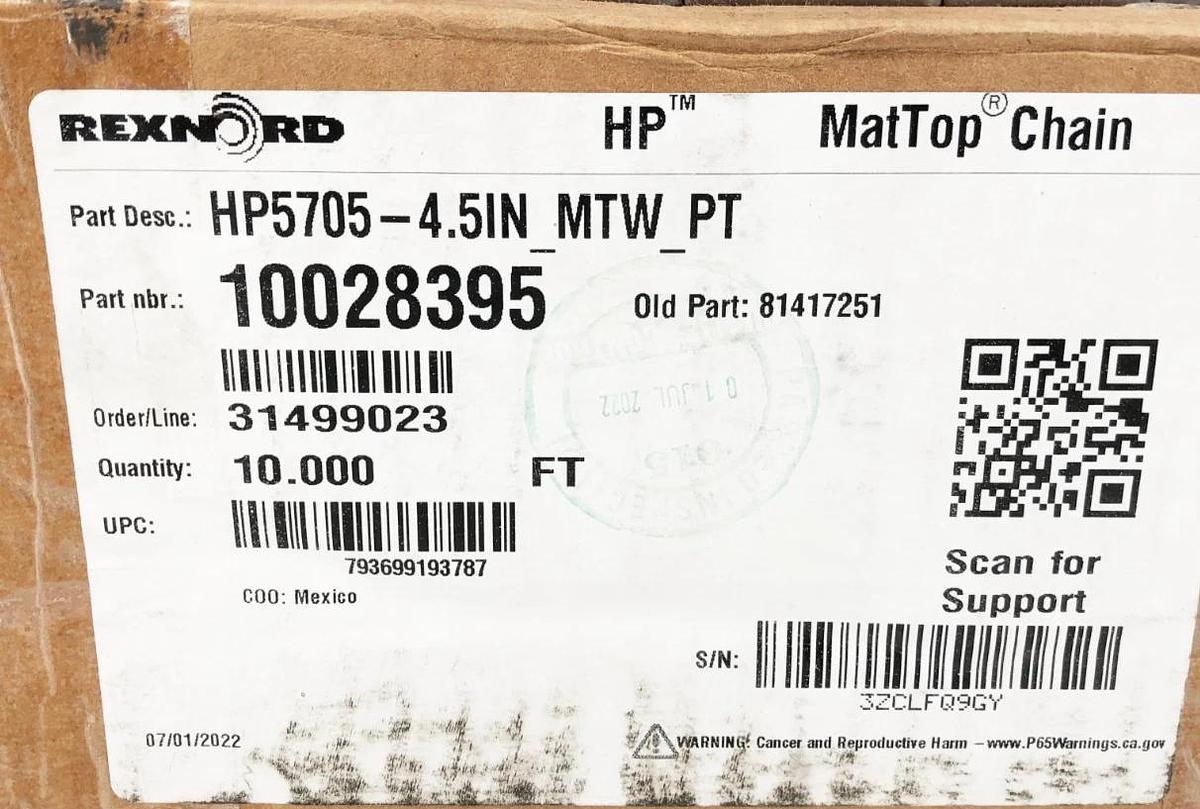 New Rexnord HP5705-4.5IN MTW PT MatTop Chain 10 FT. 10028395 81417251