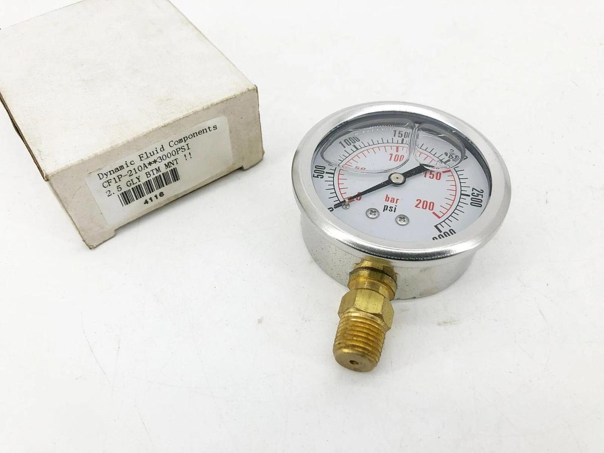 New Dynamic Fluid CF1P-210A Pressure Gauge 2-1/2" 0-3000psi Bottom Mount