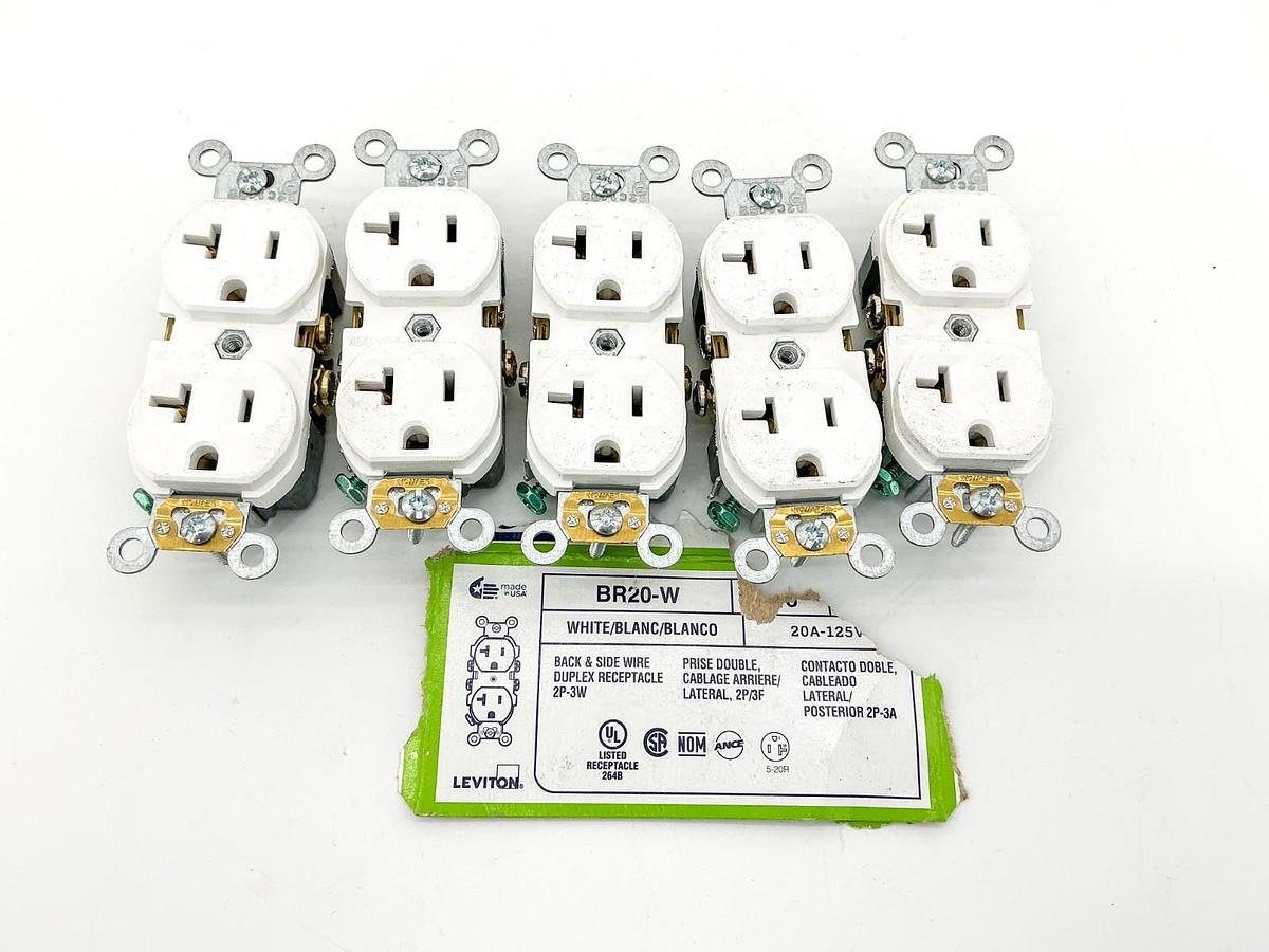 New Lot of 5 Leviton BR20-W Duplex Receptacle 20A 125V