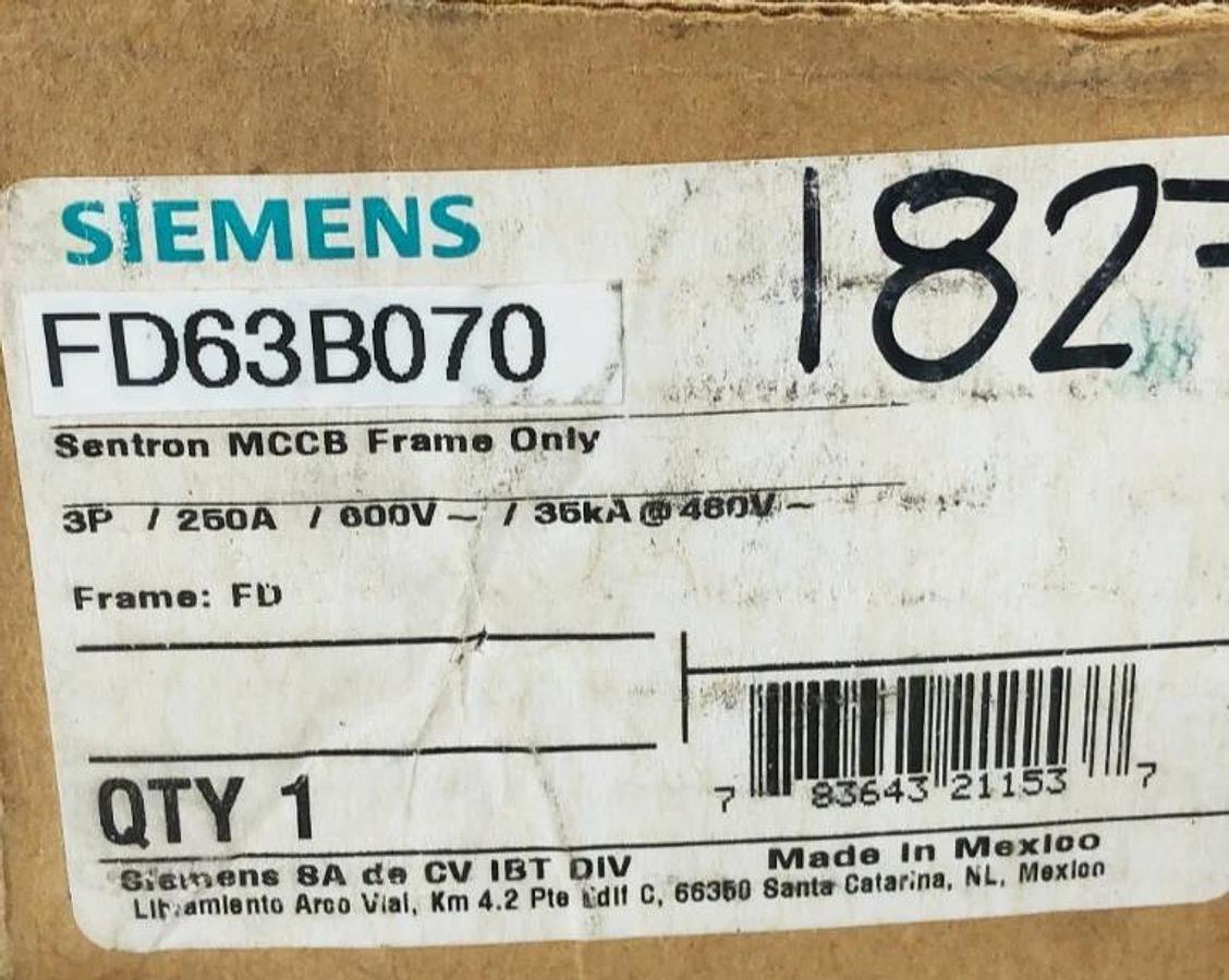 New Siemens FD63B070 Sentron MCCB Frame Circuit Breaker 3P 250A 600V FD63F250