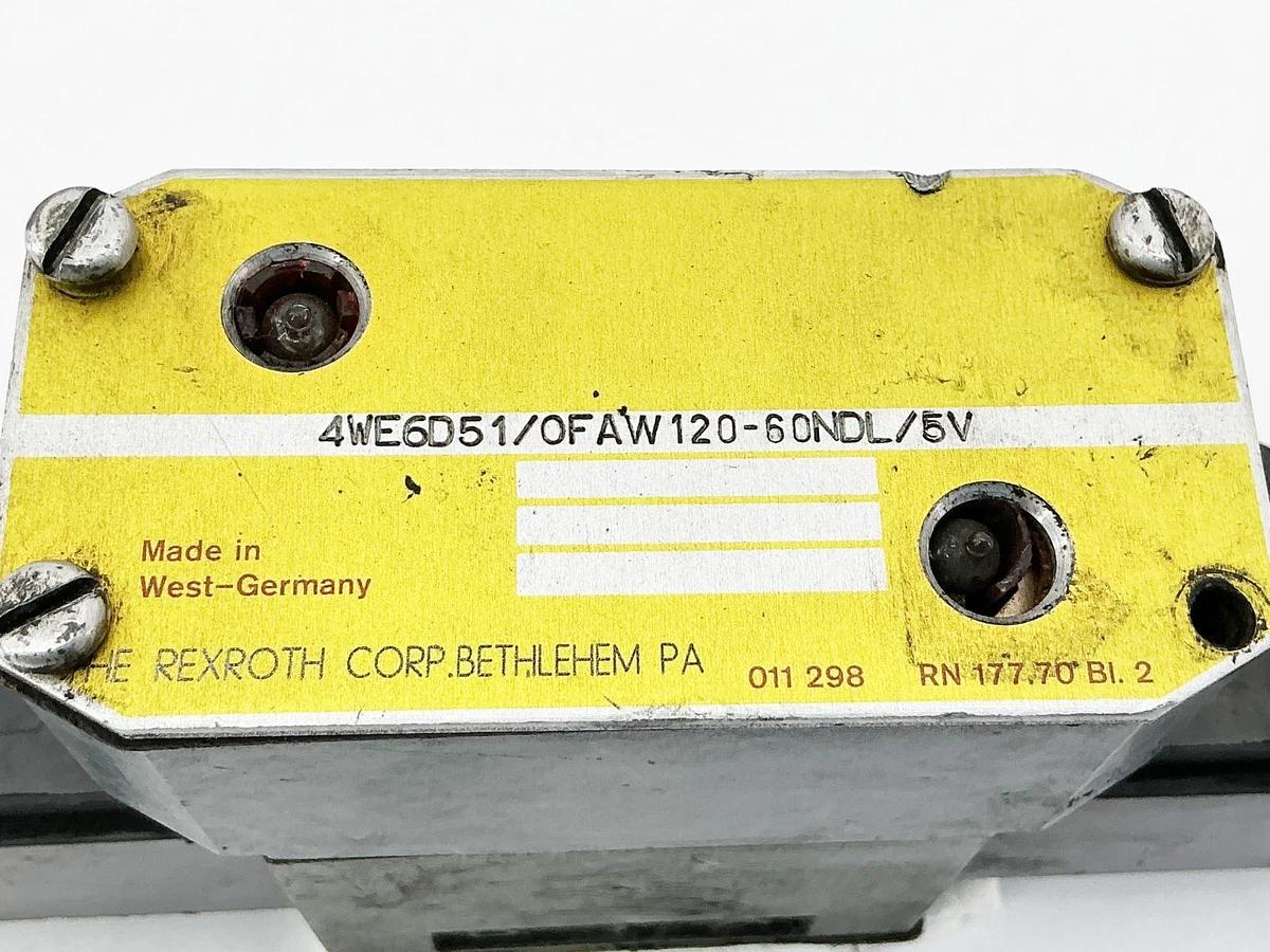 Used Rexroth 4WE6D51/0FAW120-60NDL/5V Solenoid Valve 120V 60Hz 46VA