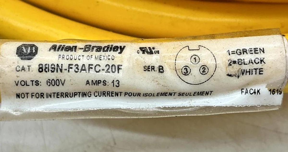 New Allen Bradley 889N-F3AFC-20F Ser B QD Cordset Female 3-Pin 20ft - No Box