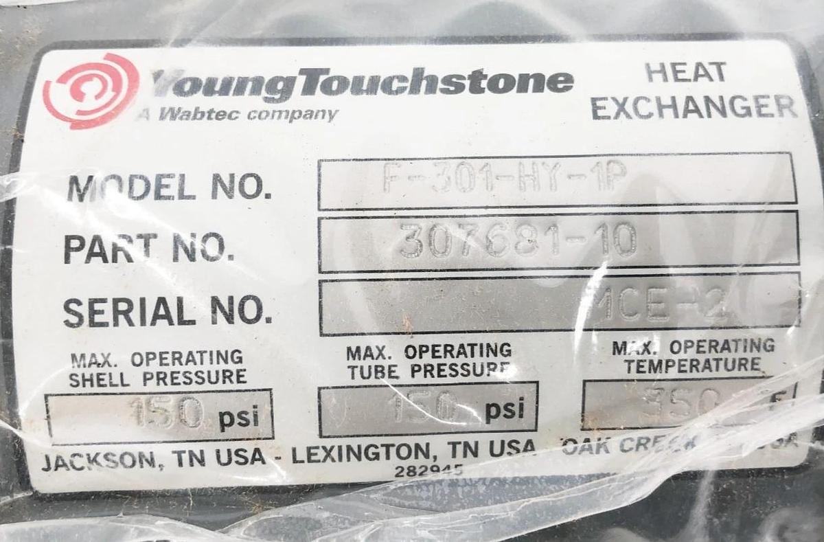 New Young Touchstone F-301-HY-1P Heat Exchanger 150/150 psi 350F 307681-10