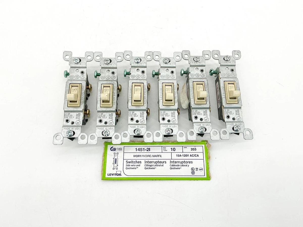 New Lot of 6 Leviton 1451-2I Toggle Switch 15A 120V Grounding - No Box