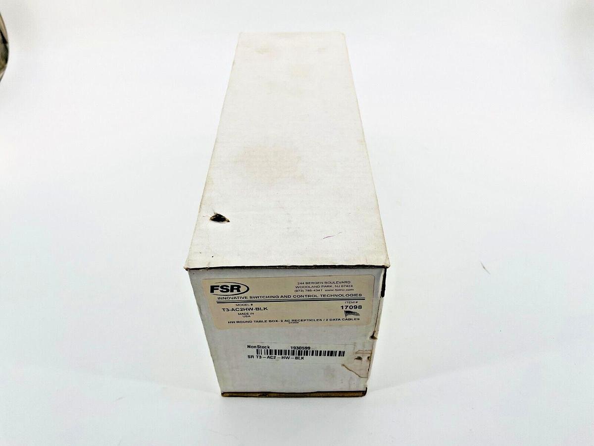 New FSR T3-AC2HW-BLK HW Round Table Box 2 AC Receptacles 2 Data Cables 17098