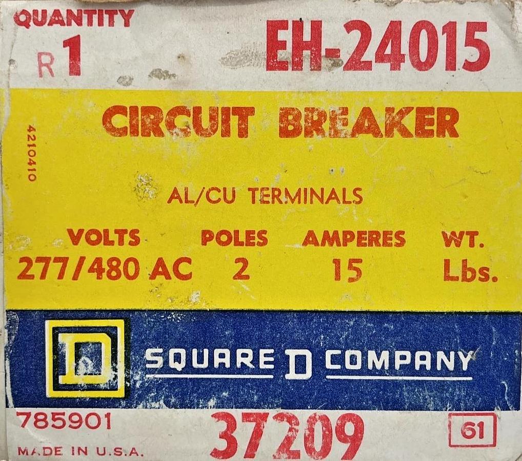 New Square D EH-24015 Circuit Breaker 2-Pole 15A 277/480VAC 37209
