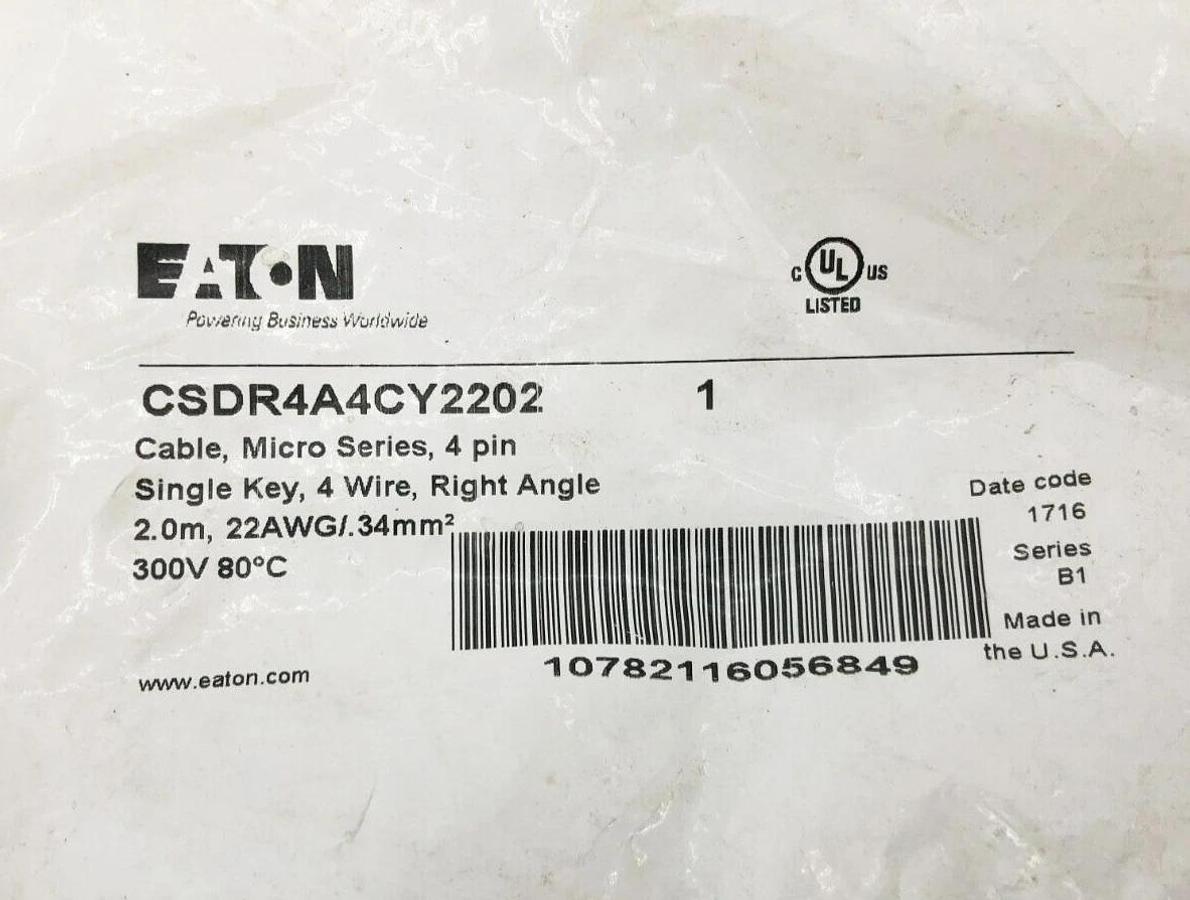 New Eaton CSDR4A4CY2202 Cordset 4-Pin Single Key 4-Wire 2m 22AWG