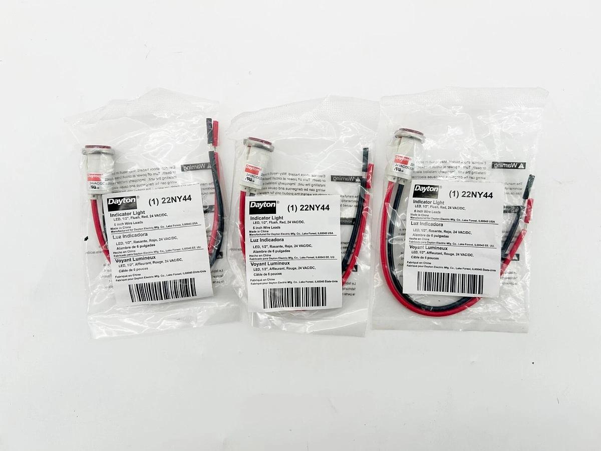 New Lot of 3 Dayton 22NY44 Indicator Light LED 1/2" Flush Red 24V 6" Wire