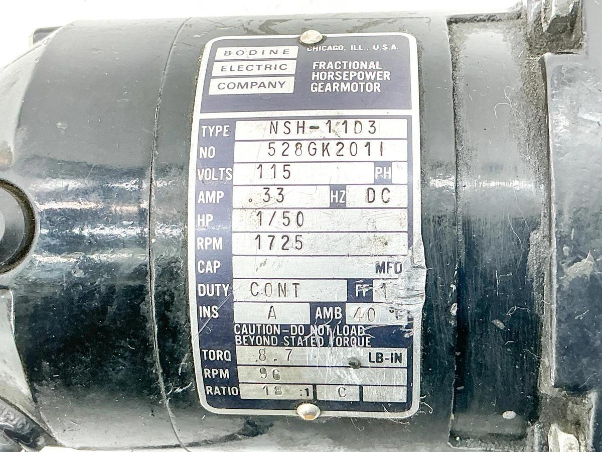 Used Bodine N28GK201I Gear Motor 115V 1725RPM 18:1 Ratio NSH-11D3