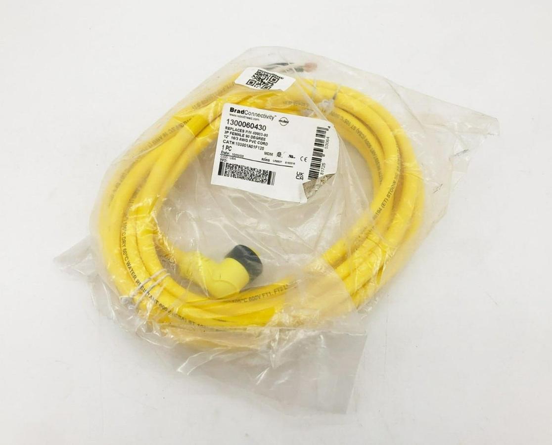 New Brad Connectivity 1300060430 Cordset 3P Female 90° 12FT. 16/3 AWG