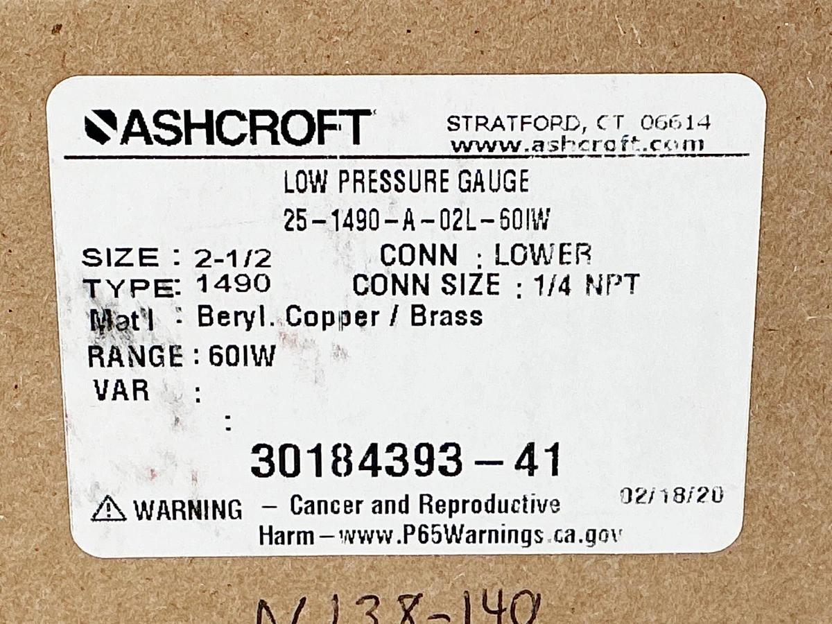 New Ashcroft 25-1490-A-02L-60IW Pressure Gauge 2-1/2" 60IW 1/4NPT