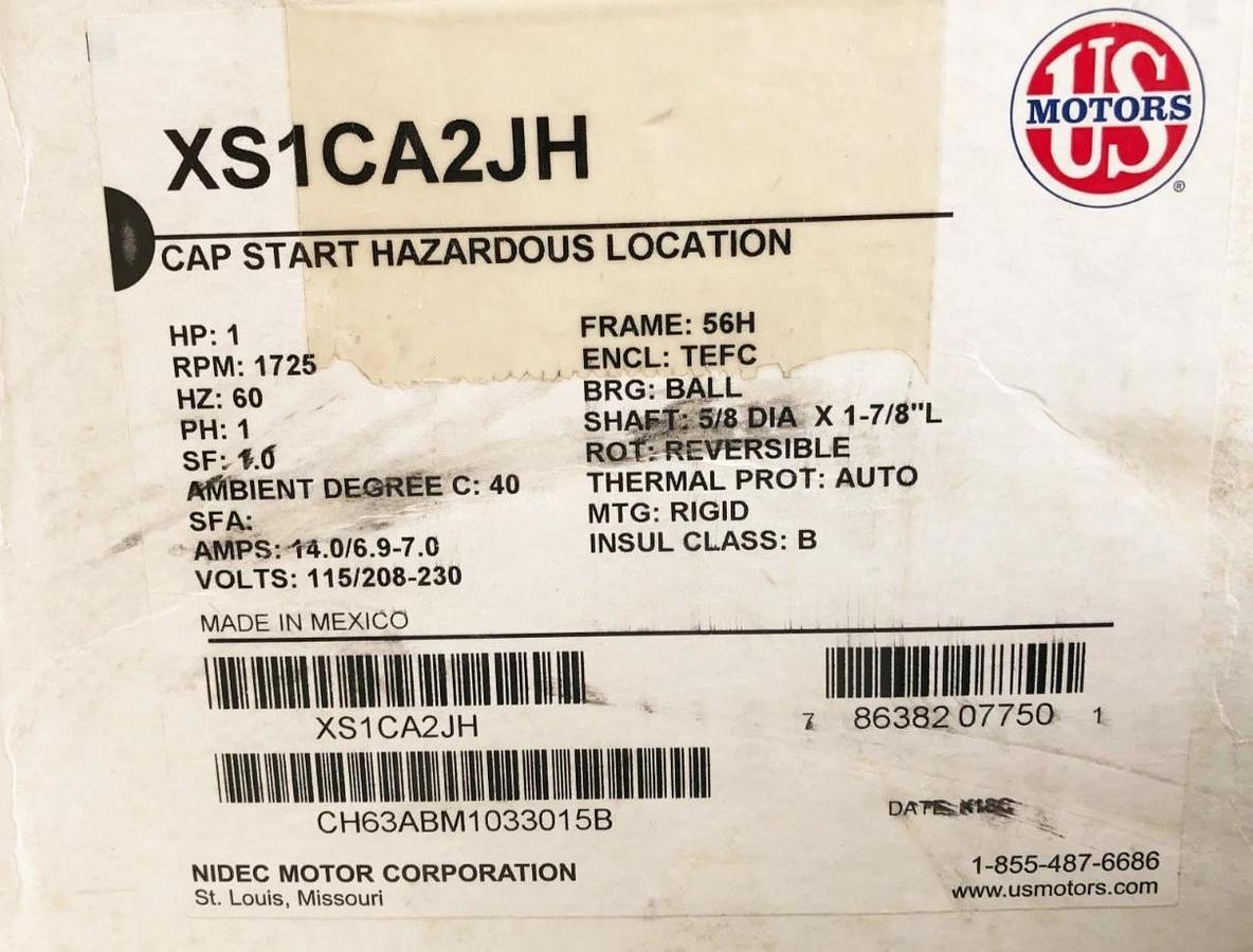 New US Motors XS1CA2JH Motor 1HP TEFC 1725RPM 1PH 230V CH63ABM1033015B