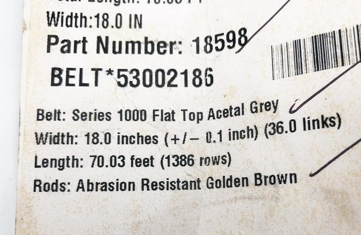 New Intralox 18598 Flat Top Acetal Grey Series 1400 18" W x 10FT. - No Box