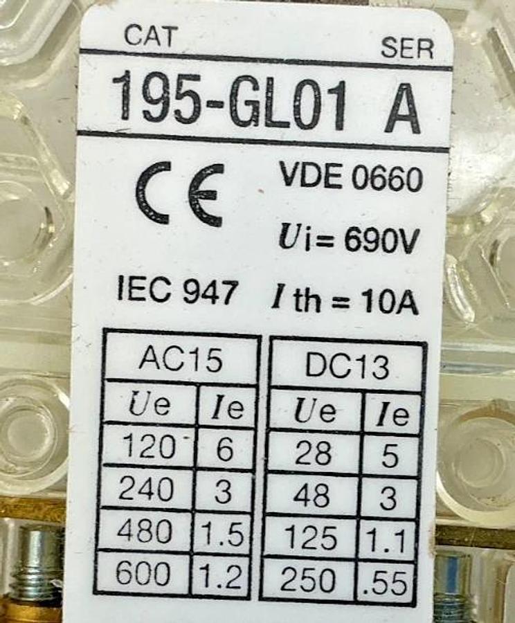 New Allen Bradley 195-GL01 Ser A Auxiliary Switch Contact Block 10A 690VAC