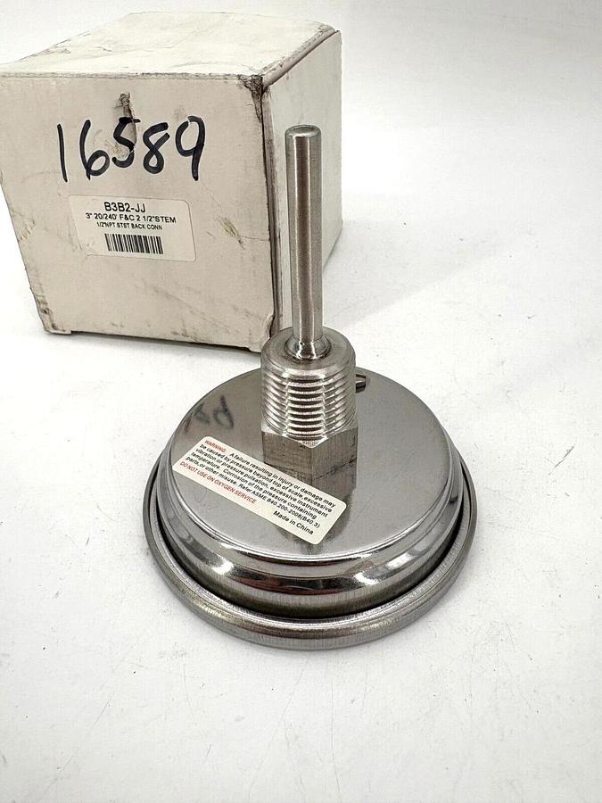 New B3B2-JJ 3" Bimetal Thermometer 20-240°F 2-1/2" Stem 1/2" NPT SS Back Conn.