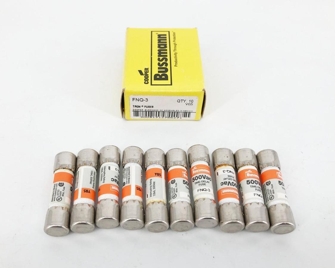 Box of 10 New Bussmann FNQ-3 Time-Delay Fuses 3A 500V