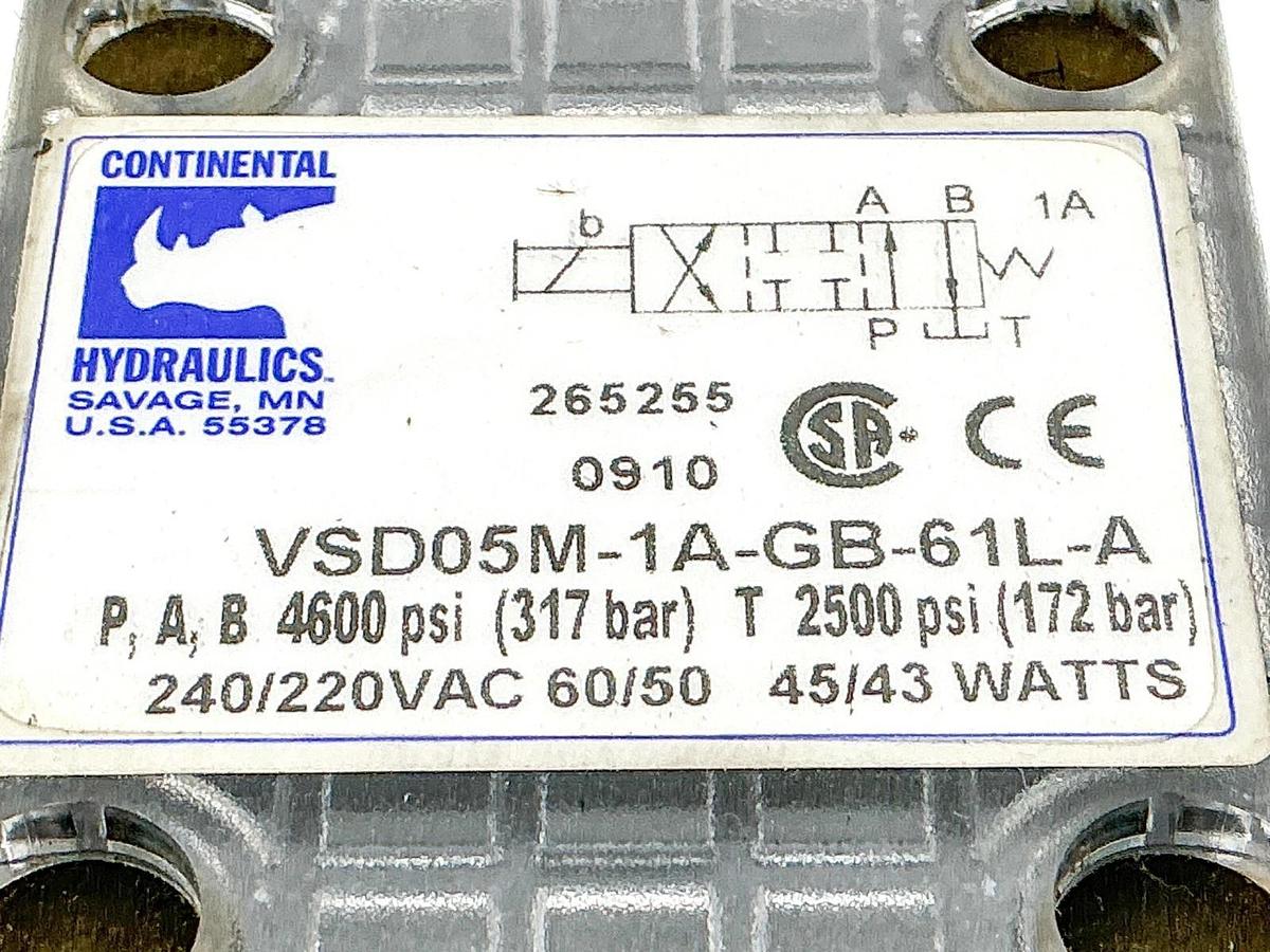 New Continental Hydraulics VSD05M-1A-GB-61L-A Solenoid Valve 4600PSI 220V 265255