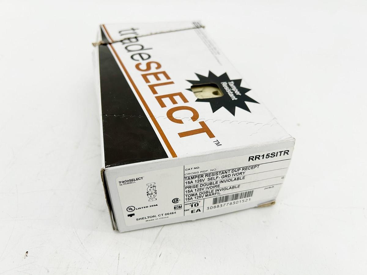 New Box of 10 Hubbell RR15SITR Tamper Resistant DUP Recept 15A 125V Self GRD Ivo