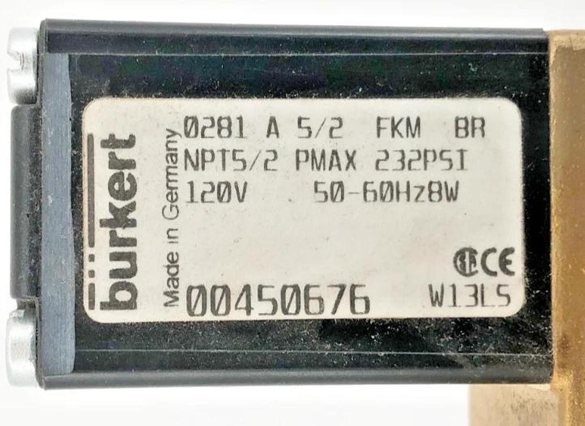 New Burkert 0281 A 5/2 FKM BR Valve 2-1/2" NPT 120V 00450676 49Z8 - No Box