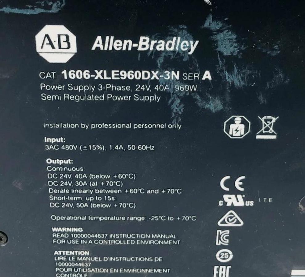Used Allen Bradley 1606-XLE960DX-3N Ser. A Power Supply 3PH 24V 40A 960W