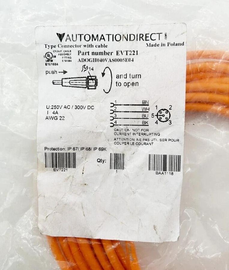 New Automation Direct EVT221 Connector With Cable 250VAC/ 399V DC 4A AWG22