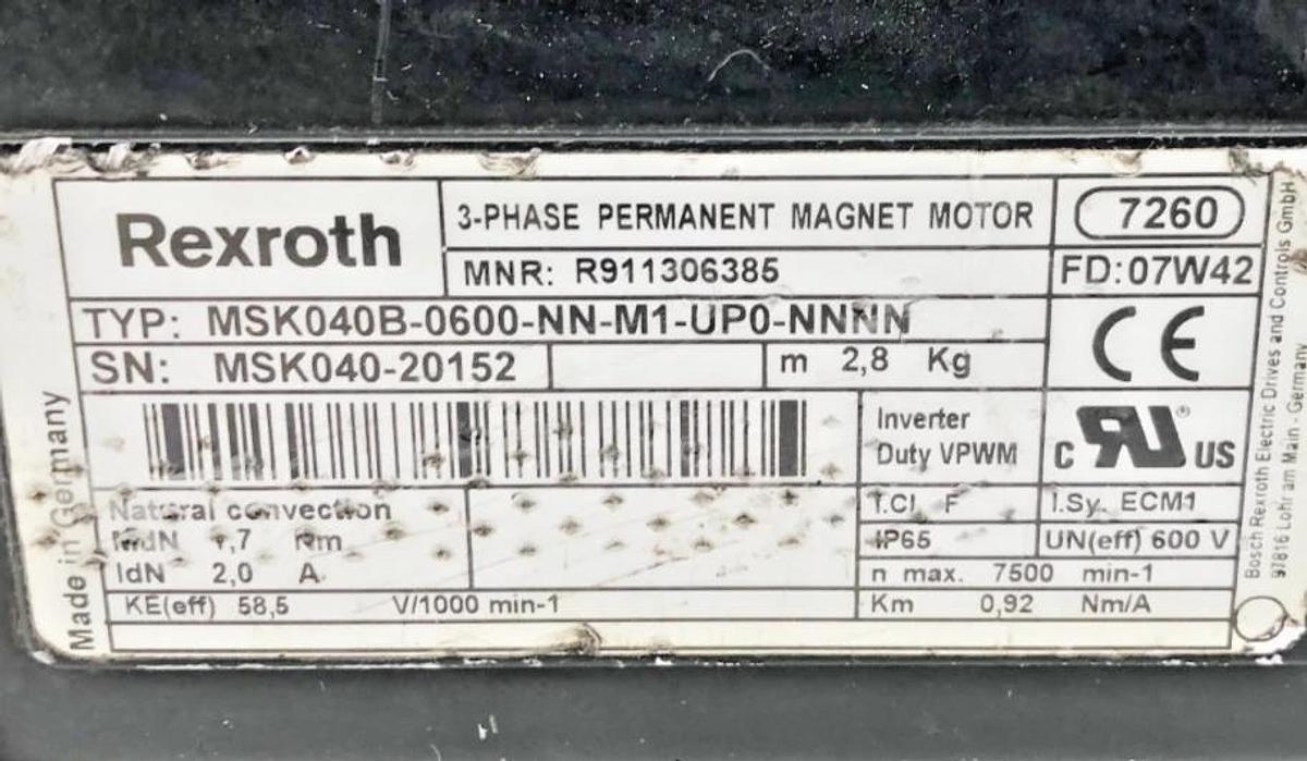 Used Rexroth R911306385 Servo Motor 3PH MSK040B-0600-NN-M1-UP0-NNNN