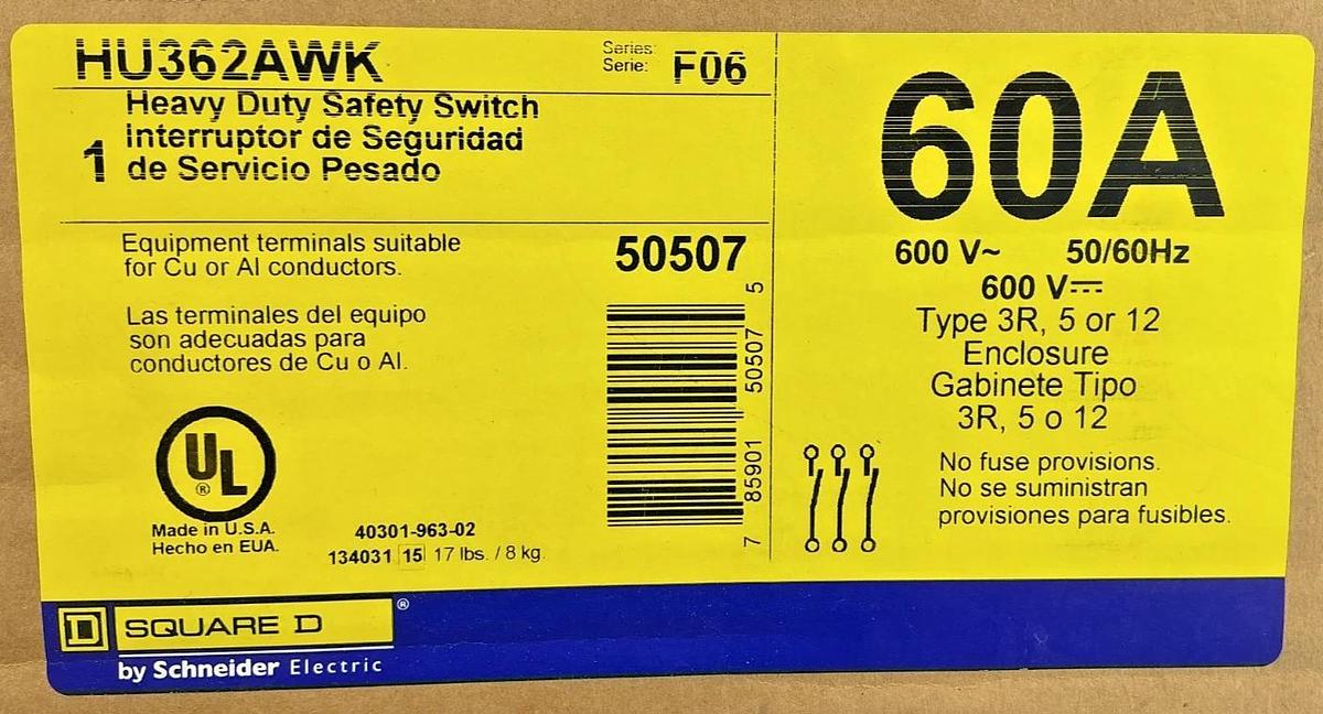 New Square D HU362AWK Ser F6 Heavy Duty Safety Switch 3P 60A 600V