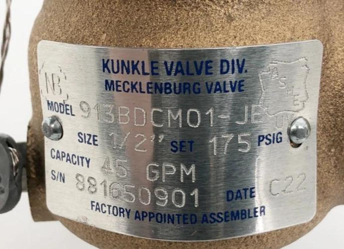New Kunkle 913BDCM01-JE Relief Valve 1/2" Set 175psig Capacity 45 GPM - No Box