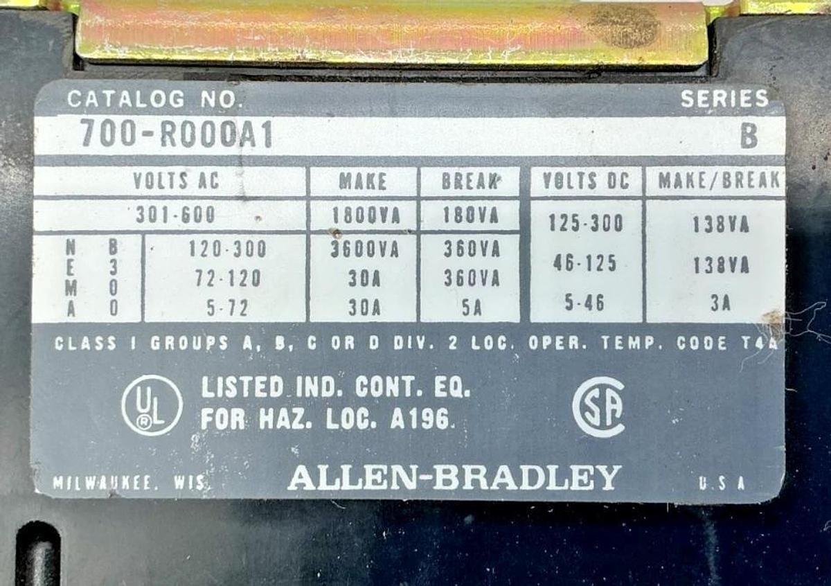 Used Allen Bradley 700-R000A1 Ser B Electrically Held Relay 110/120V 50/60HZ