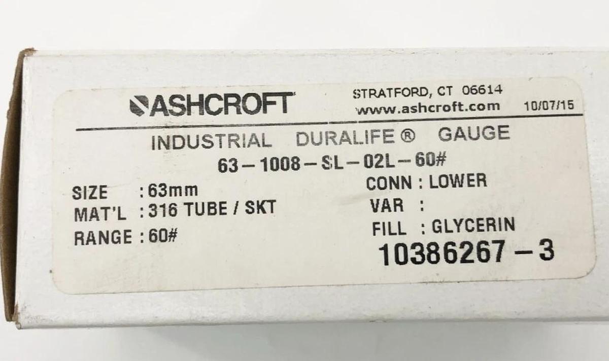 New Ashcroft 63-1008-SL-02L-60# Duralife Gauge 63mm 60psi Lower Mount 10386267-3