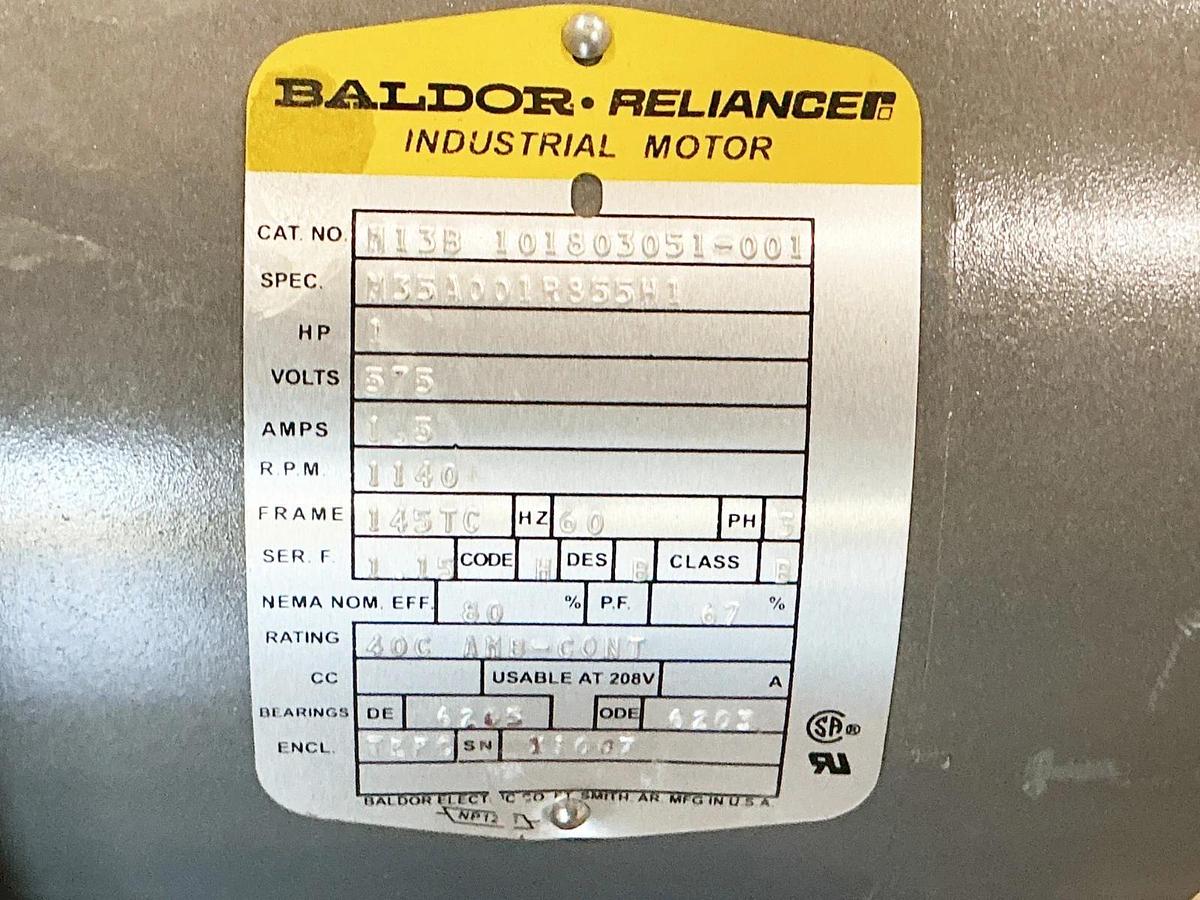 New Baldor M13B 101803051-001 Electric Motor 1HP 575V 1.5A 1140RPM 60Hz 3PH 2473