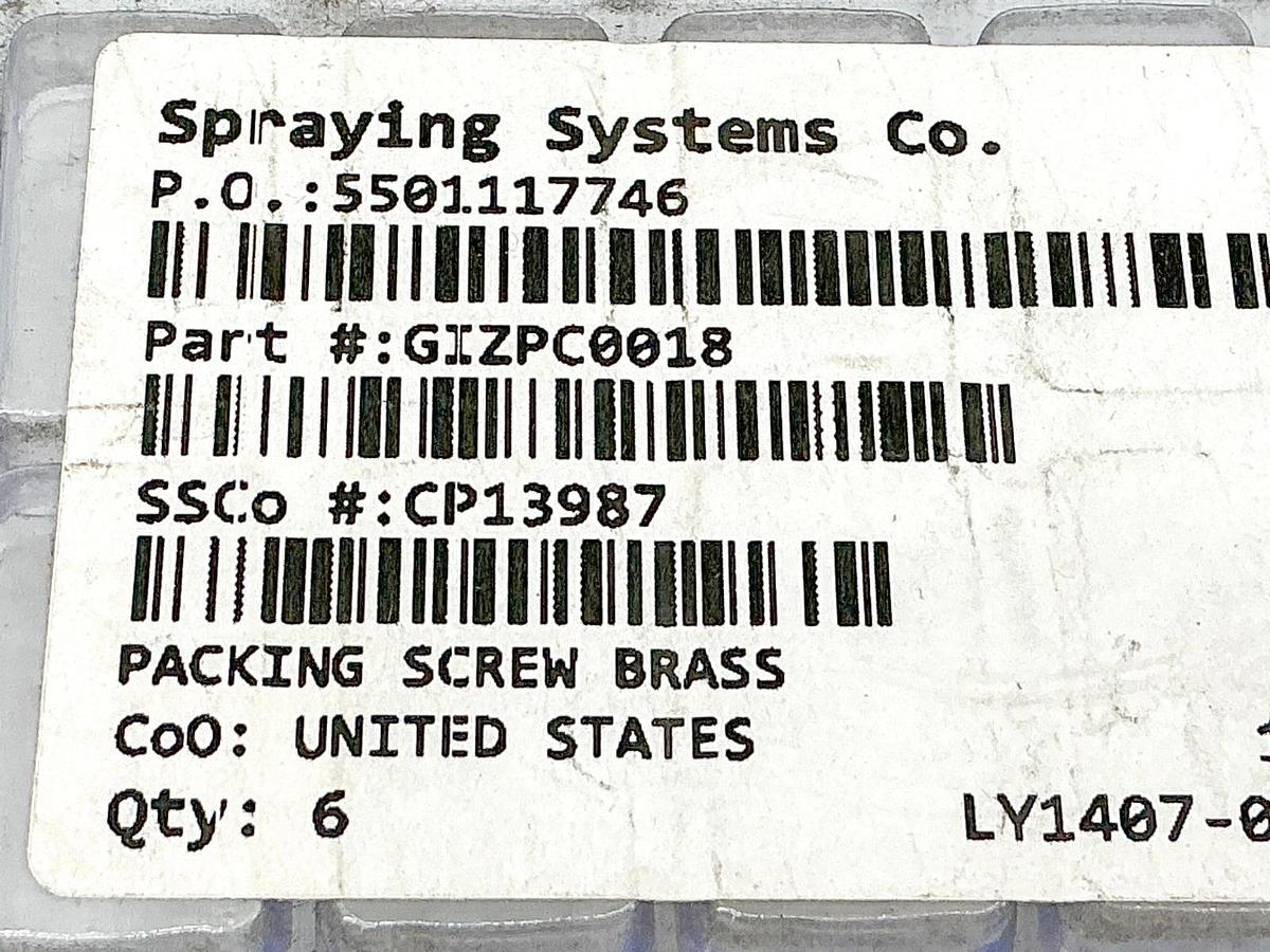 New Lot of 6 Spraying Systems CP13987 Brass Packing Screw GIZPC0018