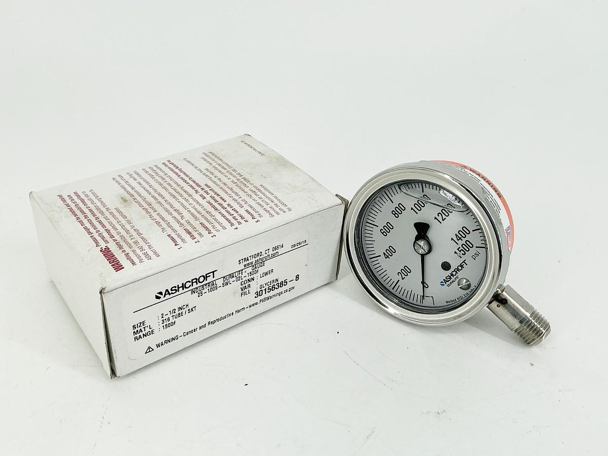 New Ashcroft 25-1009-SWL-02L-1500# Pressure Gauge 2-1/2" 1500PSI 316 Tube