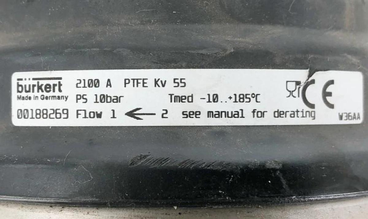 Used Burkert 00188269 Angle Seat Valve 2100 A PTFE Kv 55 PS 10bar