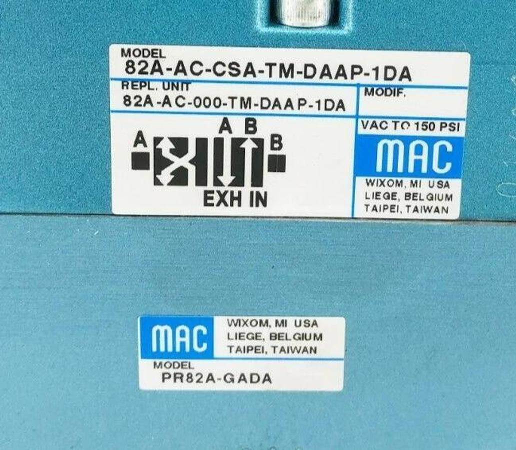 Used MAC Valves 82A-AC-CSA-TM-DAAP-1DA Solenoid Valve 150psi TM-DAAJ-1DA PR82A-GADA