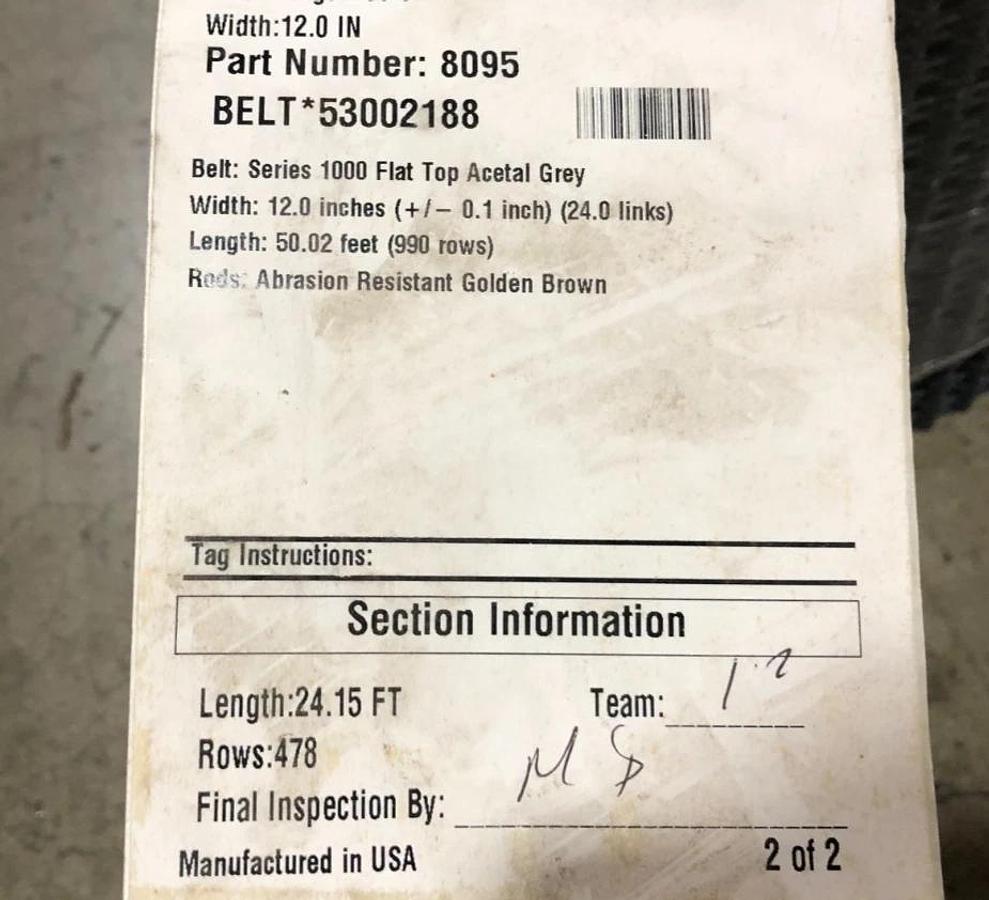 New Intralox 8095 Series 1000 Flat Top Acetal Gray 24.15FT x 12" W - No Box