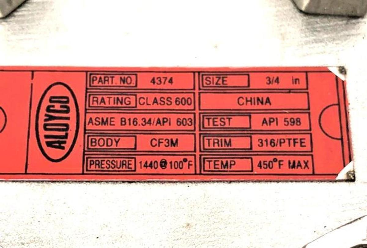 New Aloyco 4374 Stainless Steel Check Valve Size 3/4" Class 600 CF3M - No Box