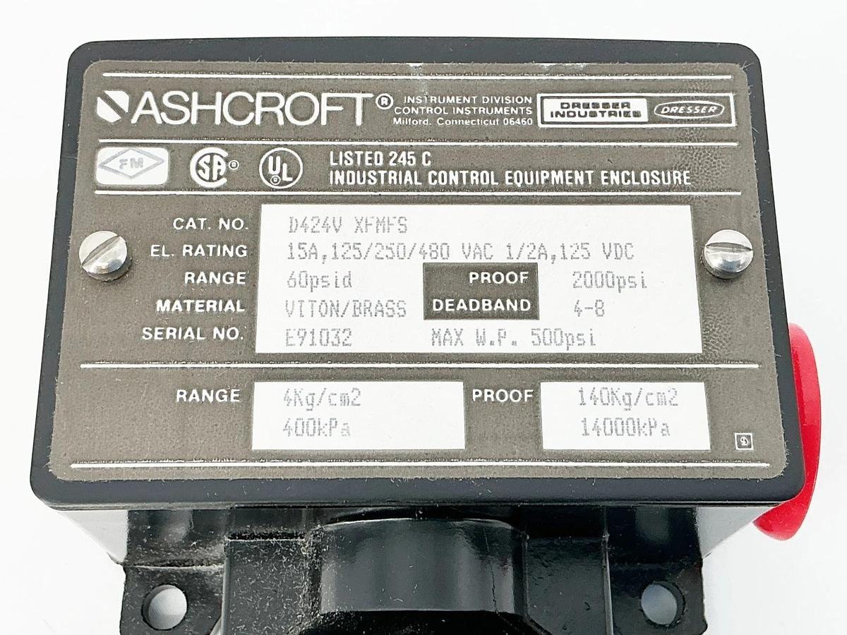 New Ashcroft D424V XFMFS Pressure Switch 15A 480V 60-2000PSI 4Kg/cm2 400kPa