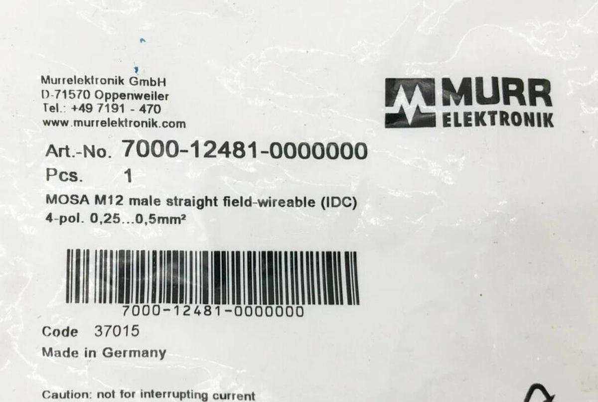 Lot of 2 New Murr Elektronik 7000-12481-0000000 Connectors M12 Straight Field 4P