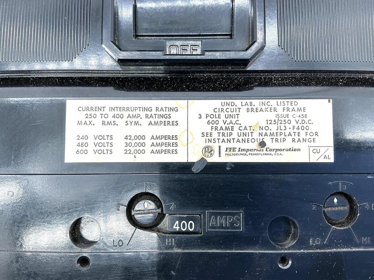 Used ITE JL3-F400 Circuit Breaker 3-Pole 3-Phase 400A 600VAC