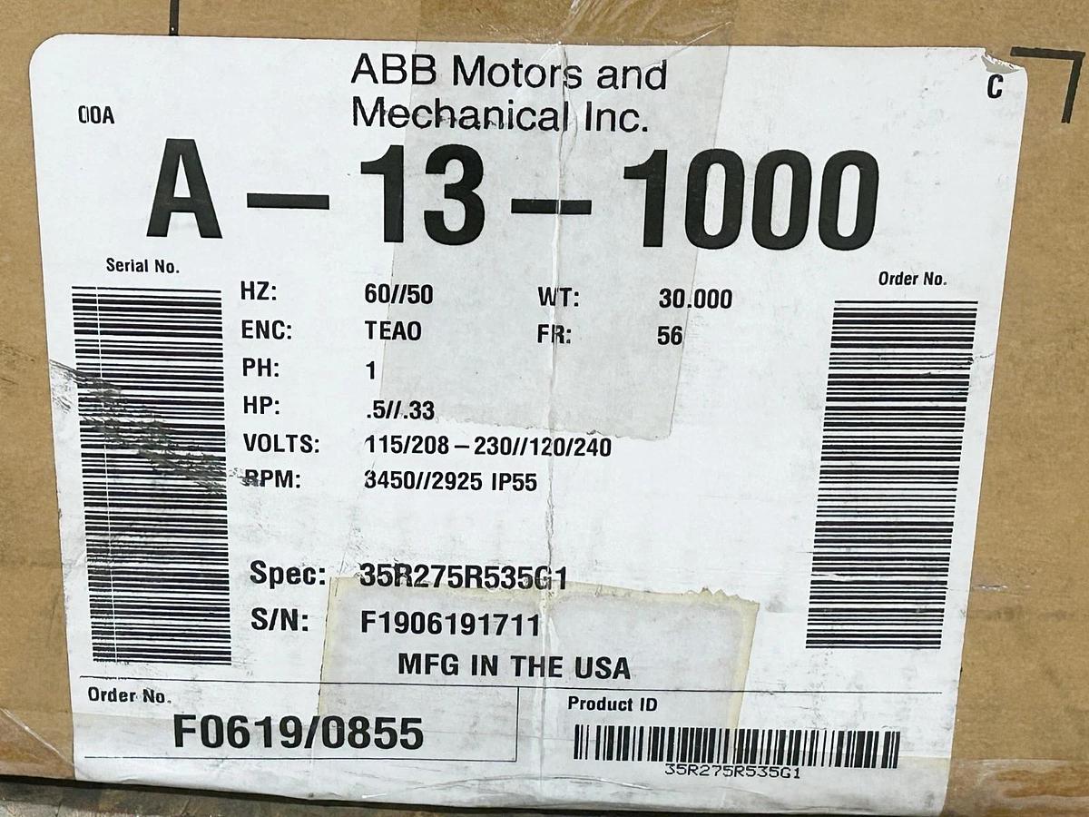 New Baldor A-13-1000 Motor 50/60Hz .33HP 250V 3450RPM 30W 56FR